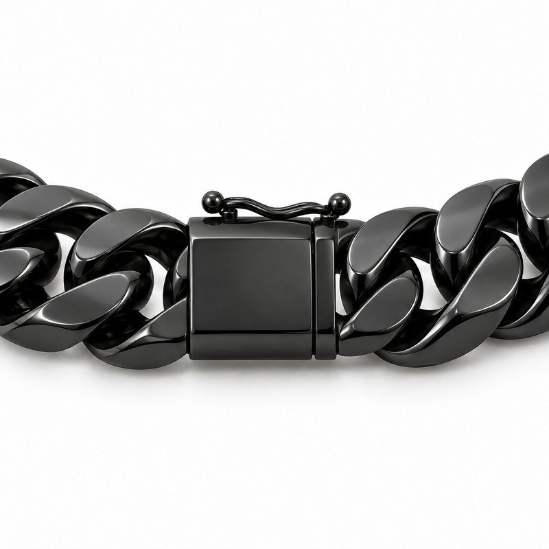 mens black Stainless Steel 15mm cuban link necklace, reverse side and connection structure on white