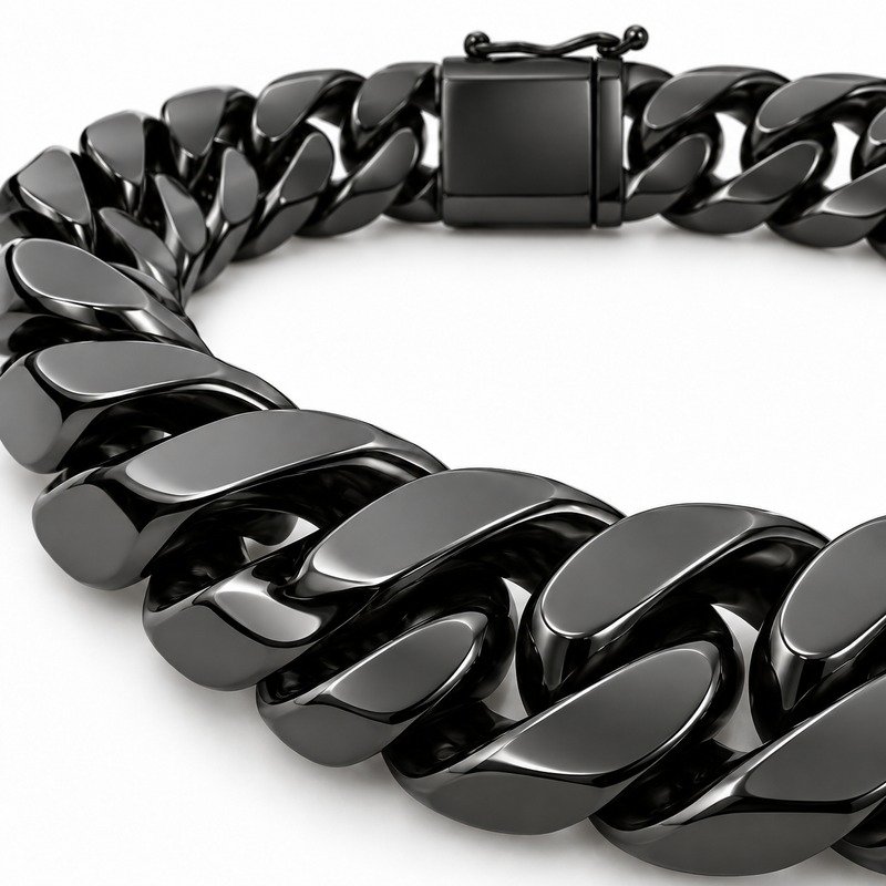mens black Stainless Steel 15mm cuban link necklace, material and craftsmanship close-up