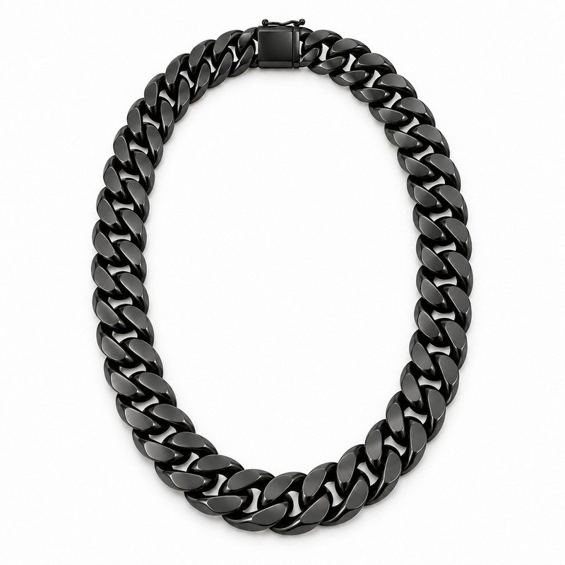 mens black Stainless Steel 15mm cuban link necklace, front view on white