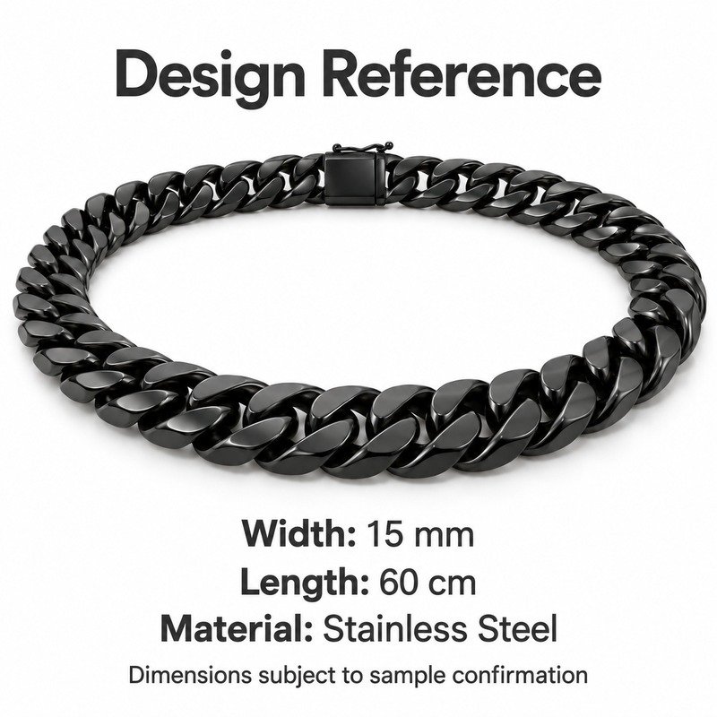 mens black Stainless Steel 15mm cuban link necklace, design reference dimensions and material specifications