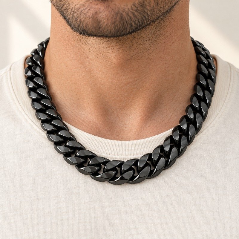 mens black Stainless Steel 15mm cuban link necklace, worn by an adult model