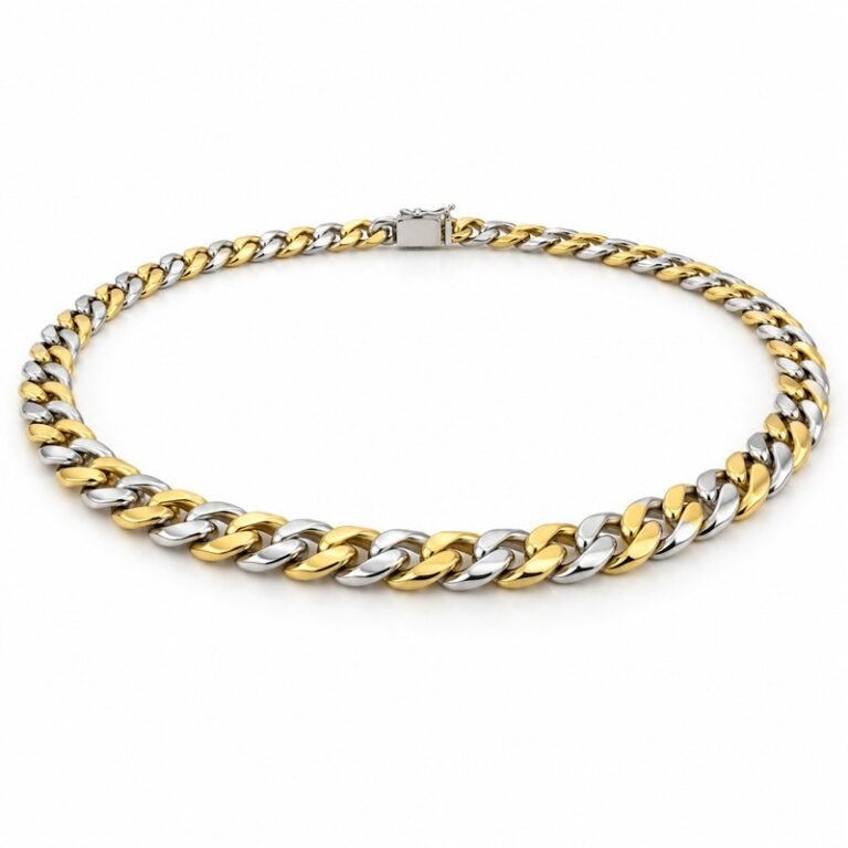 mens two tone Stainless Steel 5mm cuban link necklace, at a 45-degree angle on white