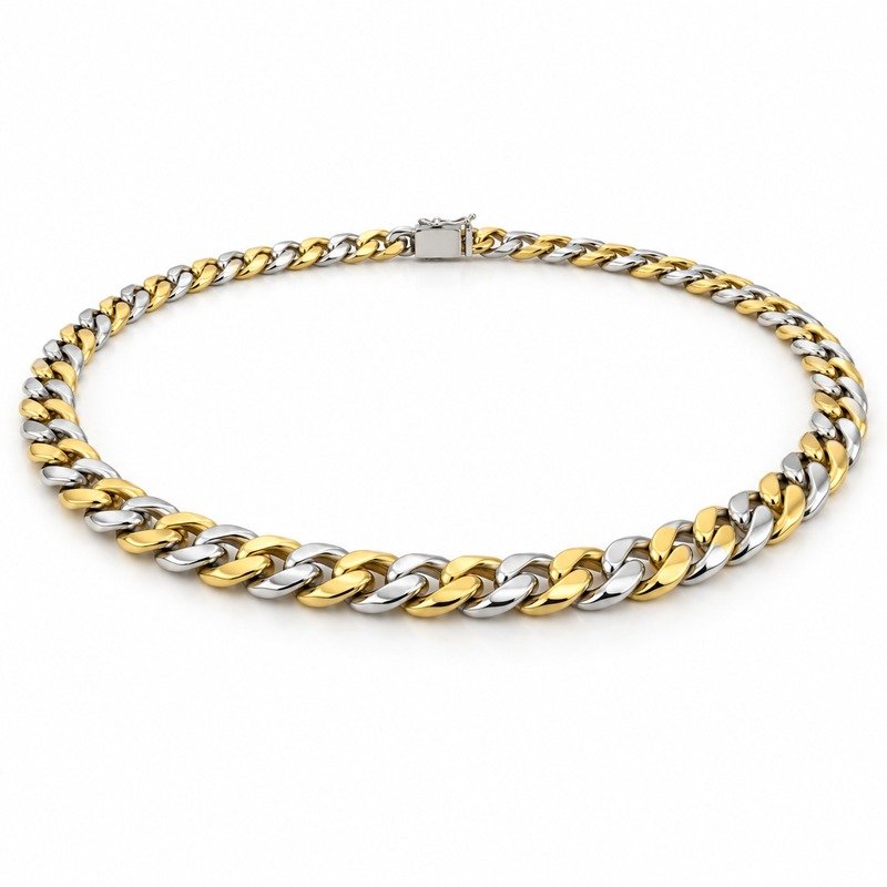mens two tone Stainless Steel 5mm cuban link necklace, at a 45-degree angle on white