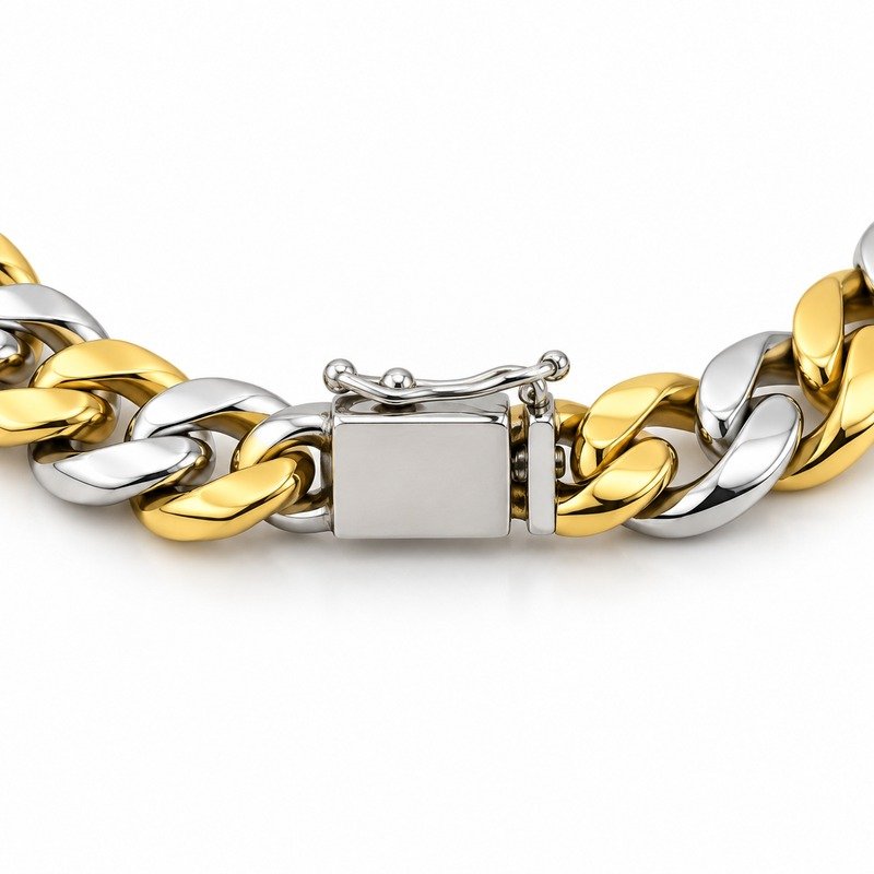 mens two tone Stainless Steel 5mm cuban link necklace, reverse side and connection structure on white