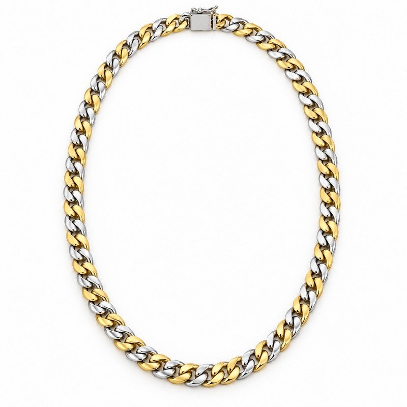 mens two tone Stainless Steel 5mm cuban link necklace, front view on white