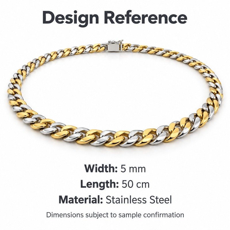 mens two tone Stainless Steel 5mm cuban link necklace, design reference dimensions and material specifications