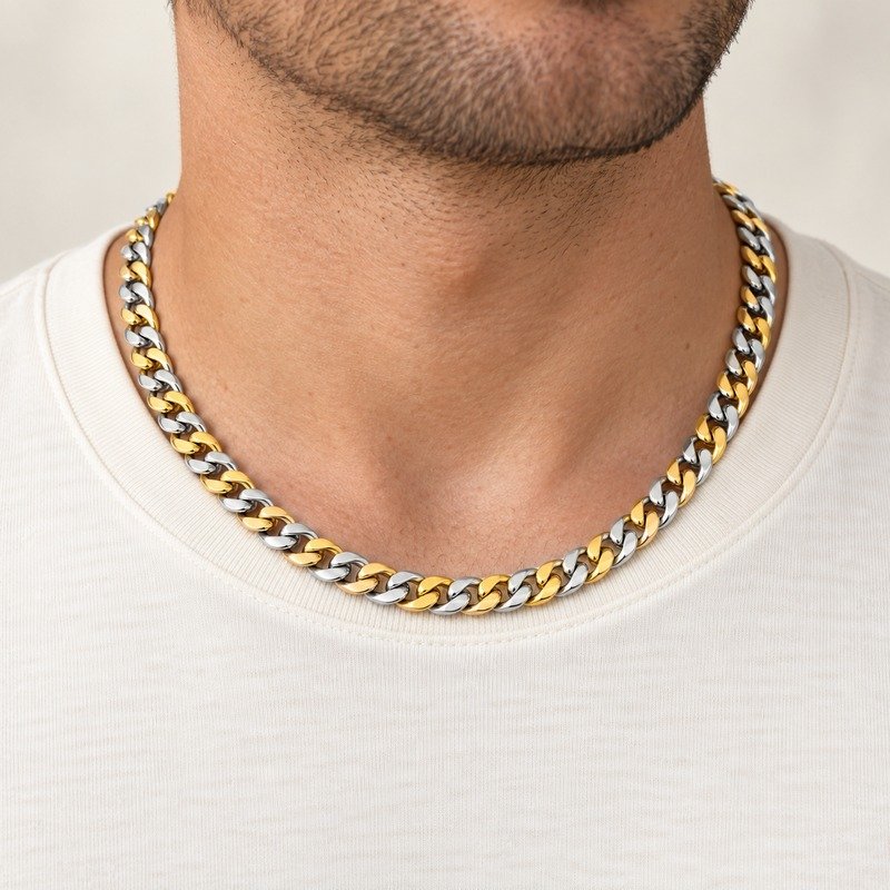 mens two tone Stainless Steel 5mm cuban link necklace, worn by an adult model