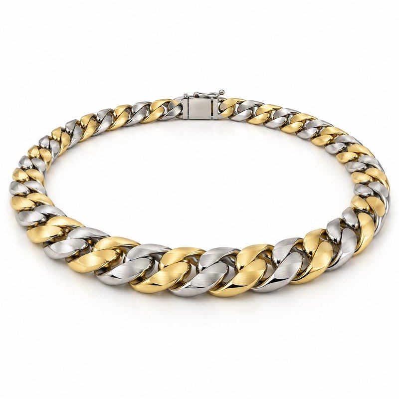 mens two tone Stainless Steel 8mm cuban link necklace, at a 45-degree angle on white