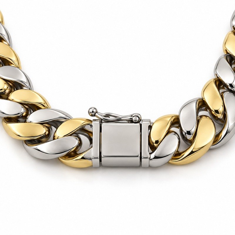 mens two tone Stainless Steel 8mm cuban link necklace, reverse side and connection structure on white
