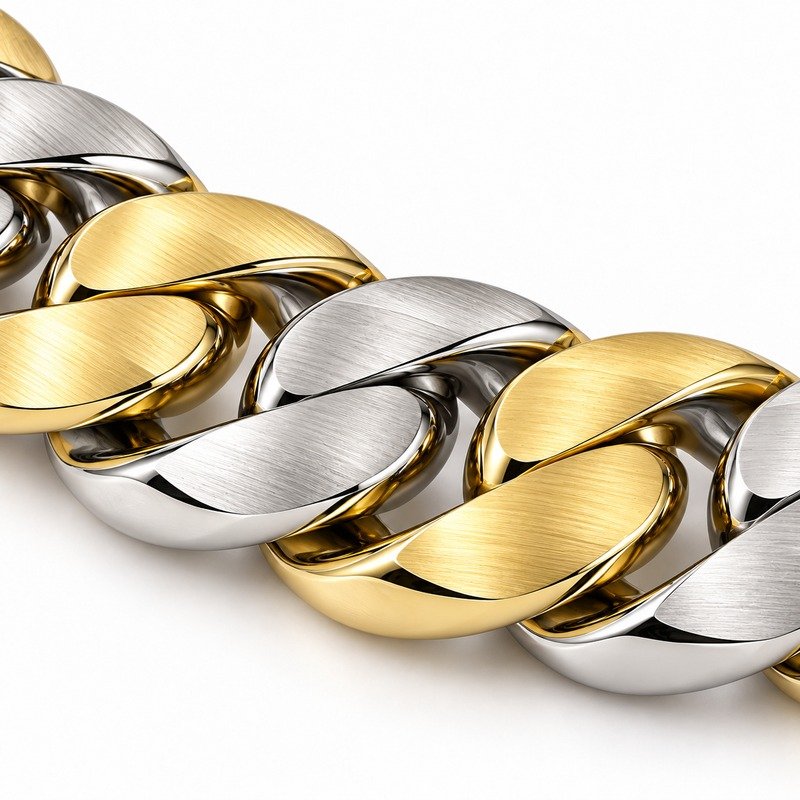 mens two tone Stainless Steel 8mm cuban link necklace, material and craftsmanship close-up