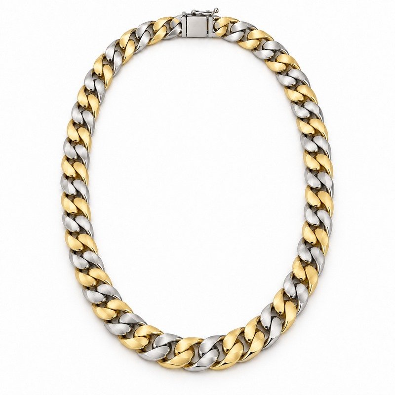 mens two tone Stainless Steel 8mm cuban link necklace, front view on white