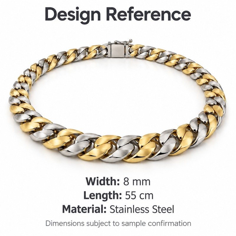 mens two tone Stainless Steel 8mm cuban link necklace, design reference dimensions and material specifications