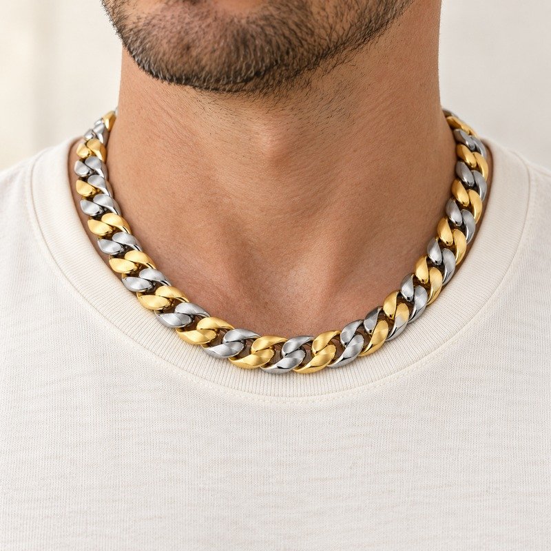mens two tone Stainless Steel 8mm cuban link necklace, worn by an adult model