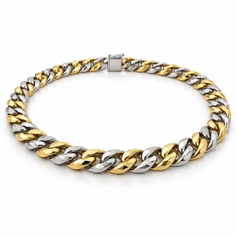 mens two tone Stainless Steel 10mm cuban link necklace, at a 45-degree angle on white