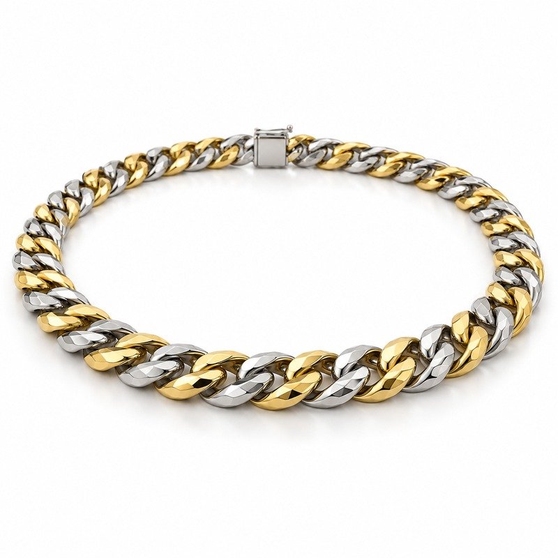 mens two tone Stainless Steel 10mm cuban link necklace, at a 45-degree angle on white