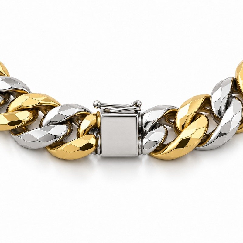 mens two tone Stainless Steel 10mm cuban link necklace, reverse side and connection structure on white