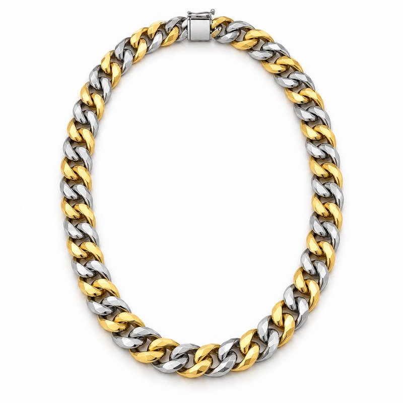 mens two tone Stainless Steel 10mm cuban link necklace, front view on white
