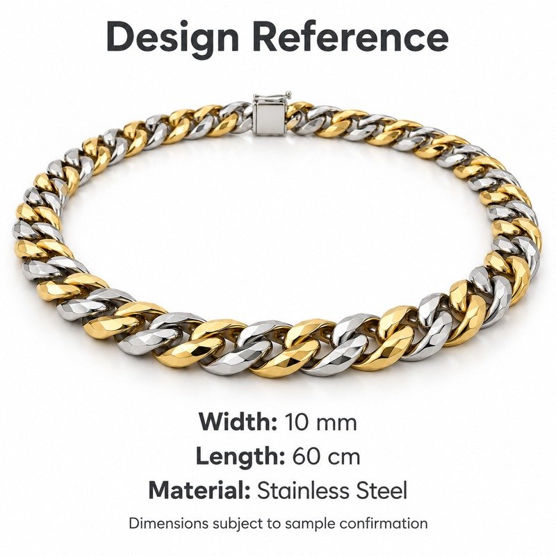 mens two tone Stainless Steel 10mm cuban link necklace, design reference dimensions and material specifications