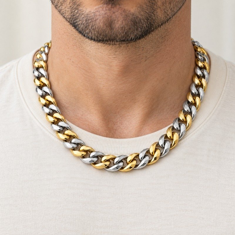 mens two tone Stainless Steel 10mm cuban link necklace, worn by an adult model