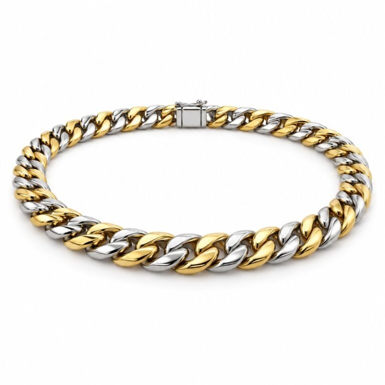mens two tone Stainless Steel 12mm cuban link necklace, at a 45-degree angle on white
