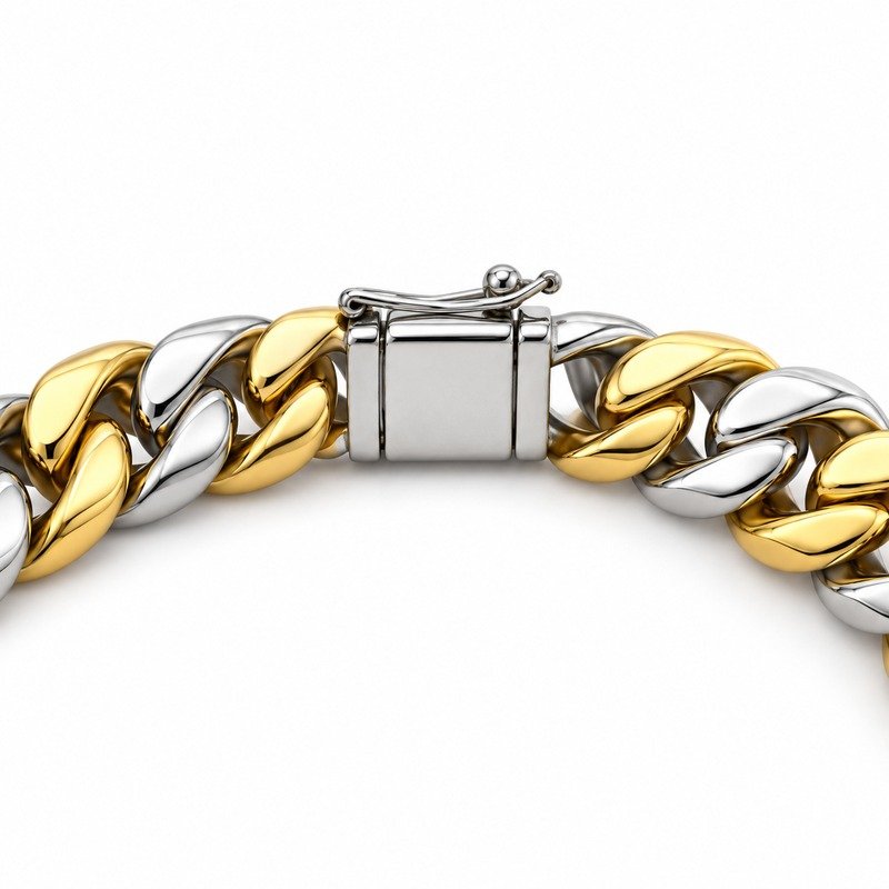 mens two tone Stainless Steel 12mm cuban link necklace, reverse side and connection structure on white