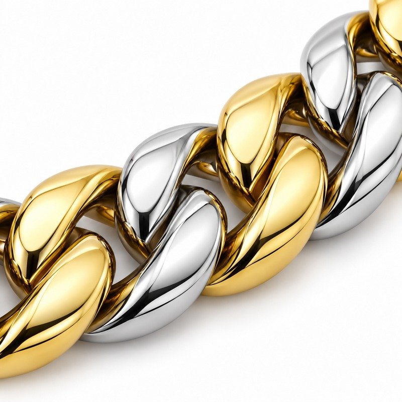 mens two tone Stainless Steel 12mm cuban link necklace, material and craftsmanship close-up