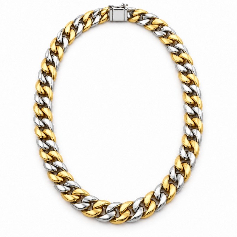 mens two tone Stainless Steel 12mm cuban link necklace, front view on white