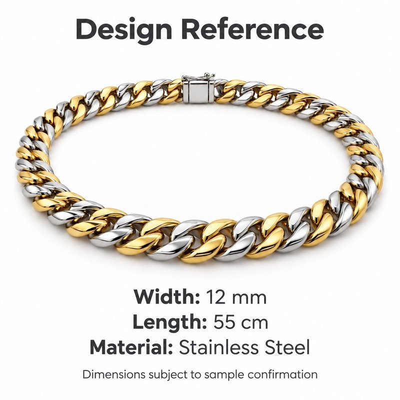 mens two tone Stainless Steel 12mm cuban link necklace, design reference dimensions and material specifications