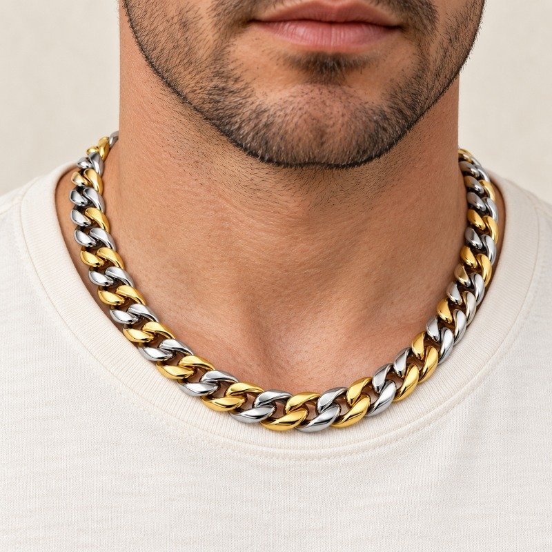 mens two tone Stainless Steel 12mm cuban link necklace, worn by an adult model