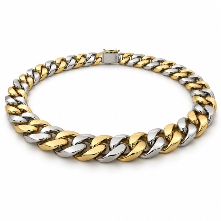 mens two tone Stainless Steel 15mm cuban link necklace, at a 45-degree angle on white