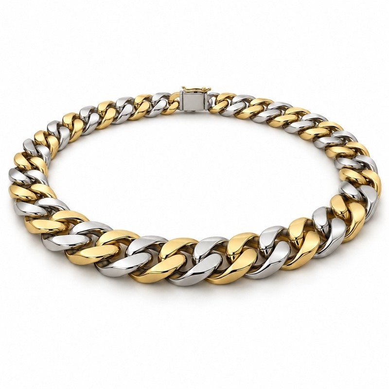 mens two tone Stainless Steel 15mm cuban link necklace, at a 45-degree angle on white