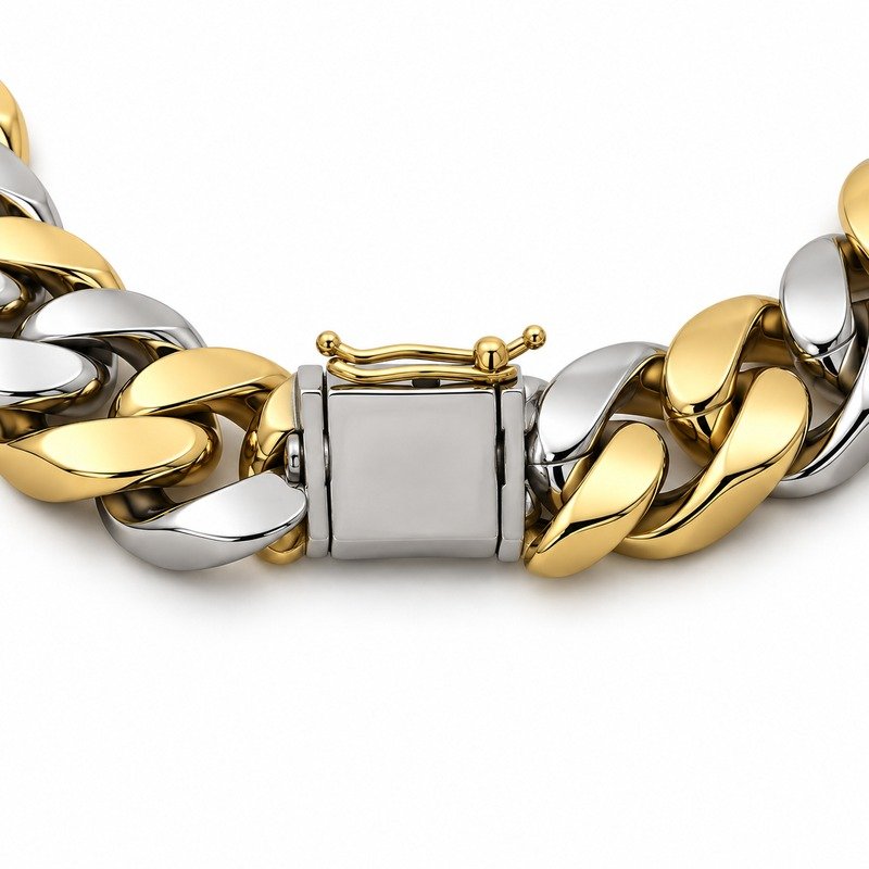 mens two tone Stainless Steel 15mm cuban link necklace, reverse side and connection structure on white