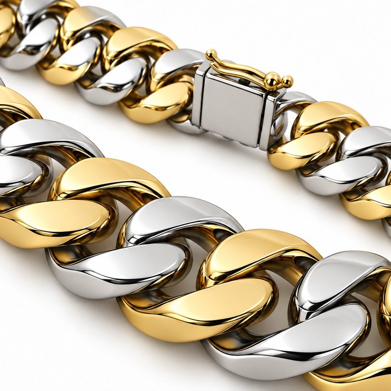 mens two tone Stainless Steel 15mm cuban link necklace, material and craftsmanship close-up