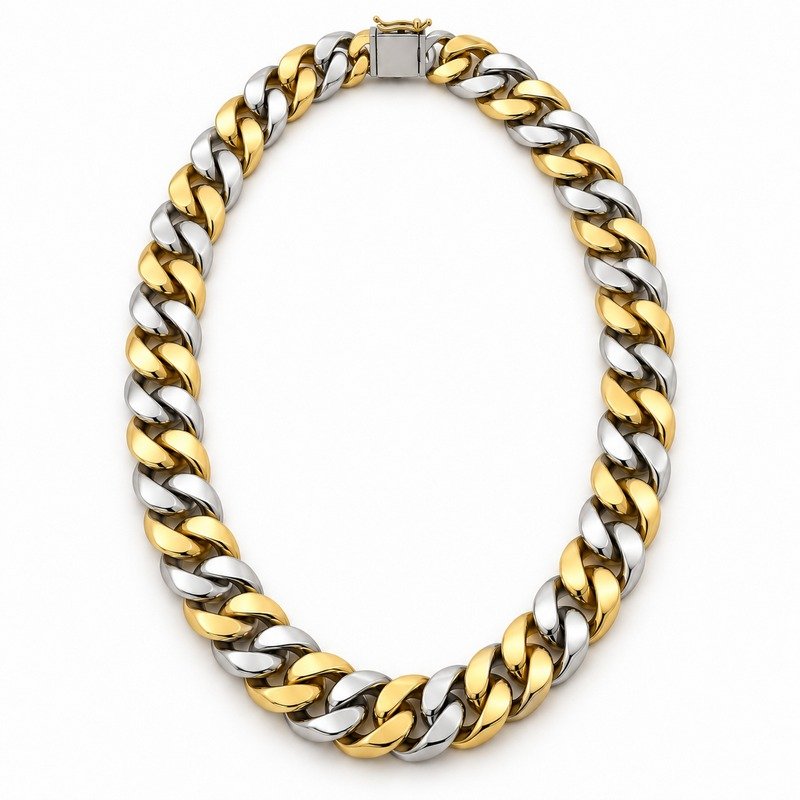 mens two tone Stainless Steel 15mm cuban link necklace, front view on white
