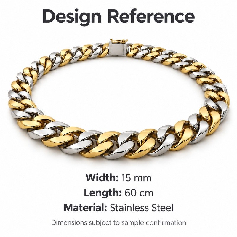 mens two tone Stainless Steel 15mm cuban link necklace, design reference dimensions and material specifications