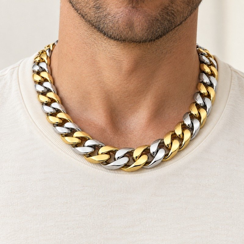 mens two tone Stainless Steel 15mm cuban link necklace, worn by an adult model