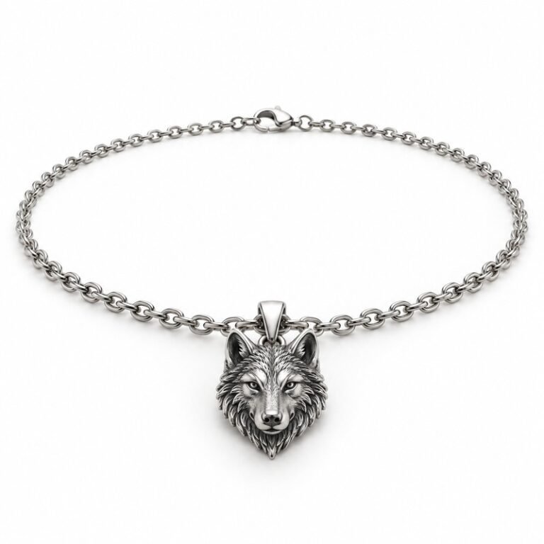 mens silver Stainless Steel wolf pendant necklace, at a 45-degree angle on white