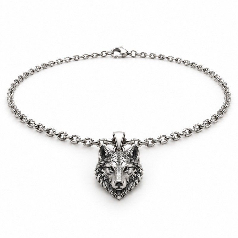 mens silver Stainless Steel wolf pendant necklace, at a 45-degree angle on white
