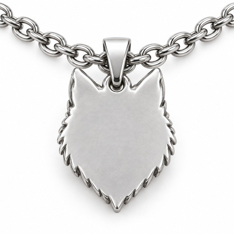 mens silver Stainless Steel wolf pendant necklace, reverse side and connection structure on white
