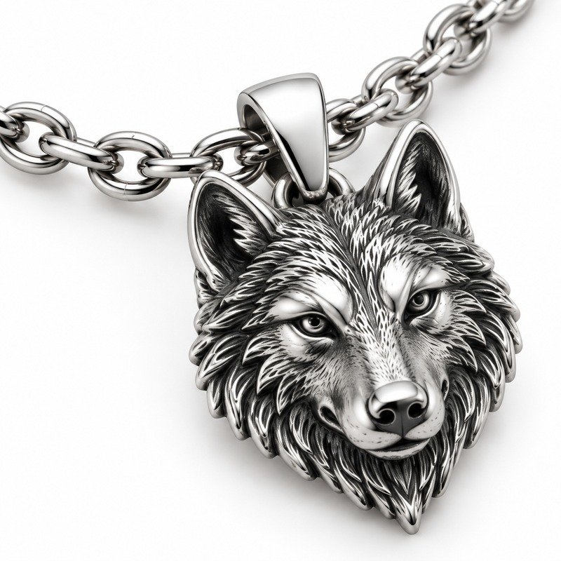mens silver Stainless Steel wolf pendant necklace, material and craftsmanship close-up