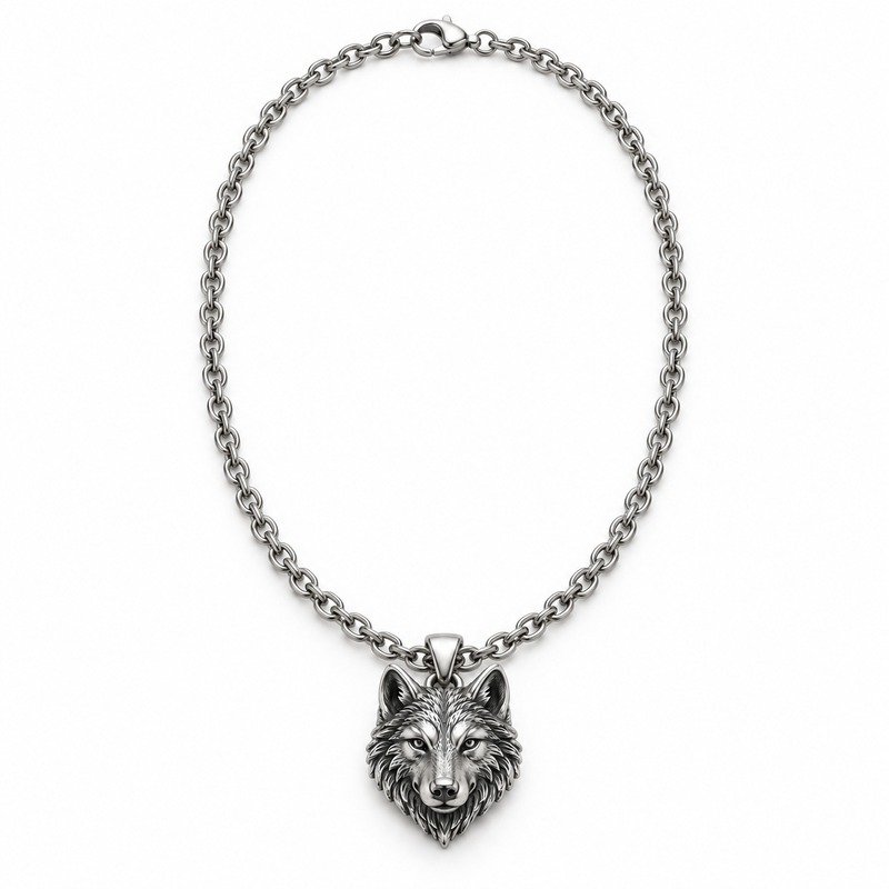 mens silver Stainless Steel wolf pendant necklace, front view on white