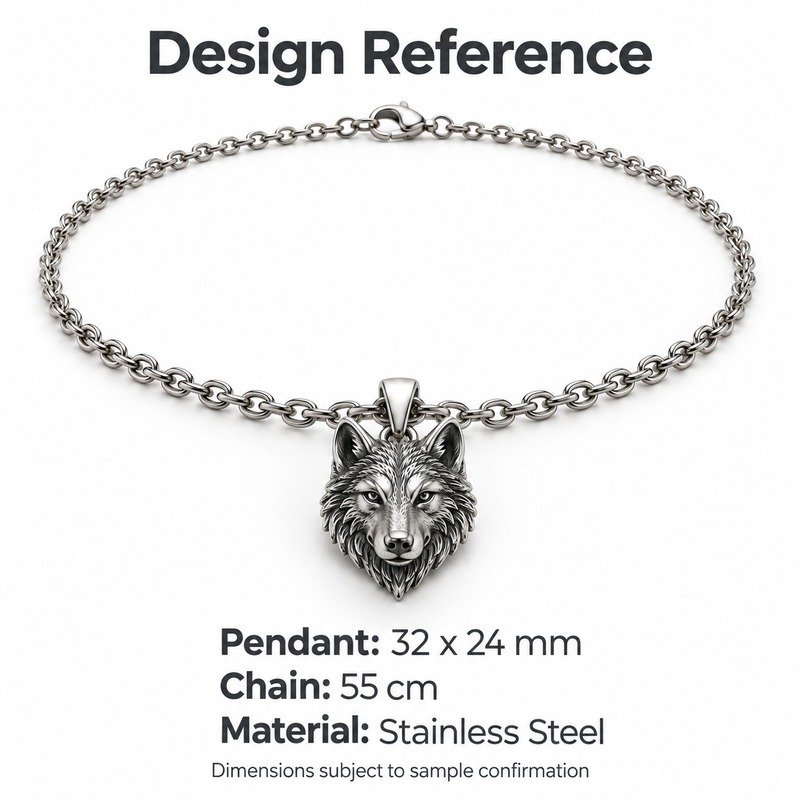mens silver Stainless Steel wolf pendant necklace, design reference dimensions and material specifications
