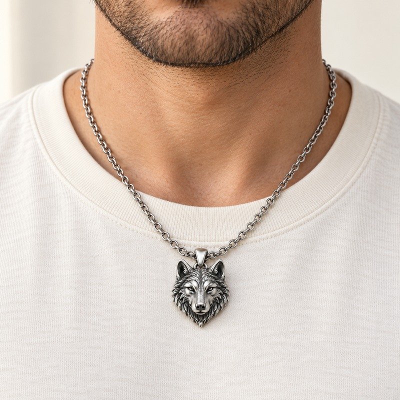 mens silver Stainless Steel wolf pendant necklace, worn by an adult model