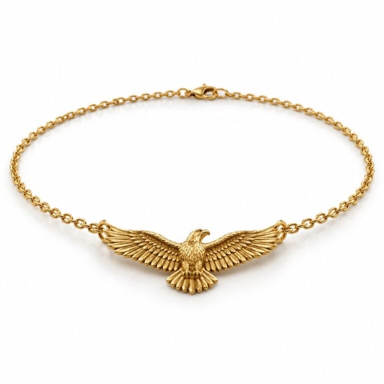 mens gold Stainless Steel eagle pendant necklace, at a 45-degree angle on white