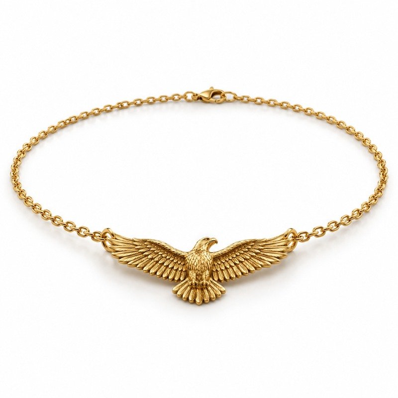 mens gold Stainless Steel eagle pendant necklace, at a 45-degree angle on white