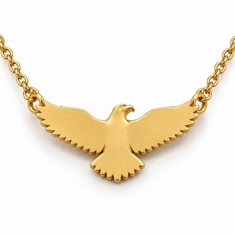mens gold Stainless Steel eagle pendant necklace, reverse side and connection structure on white