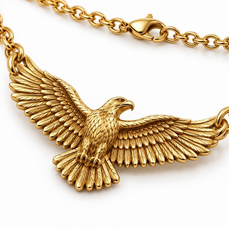 mens gold Stainless Steel eagle pendant necklace, material and craftsmanship close-up
