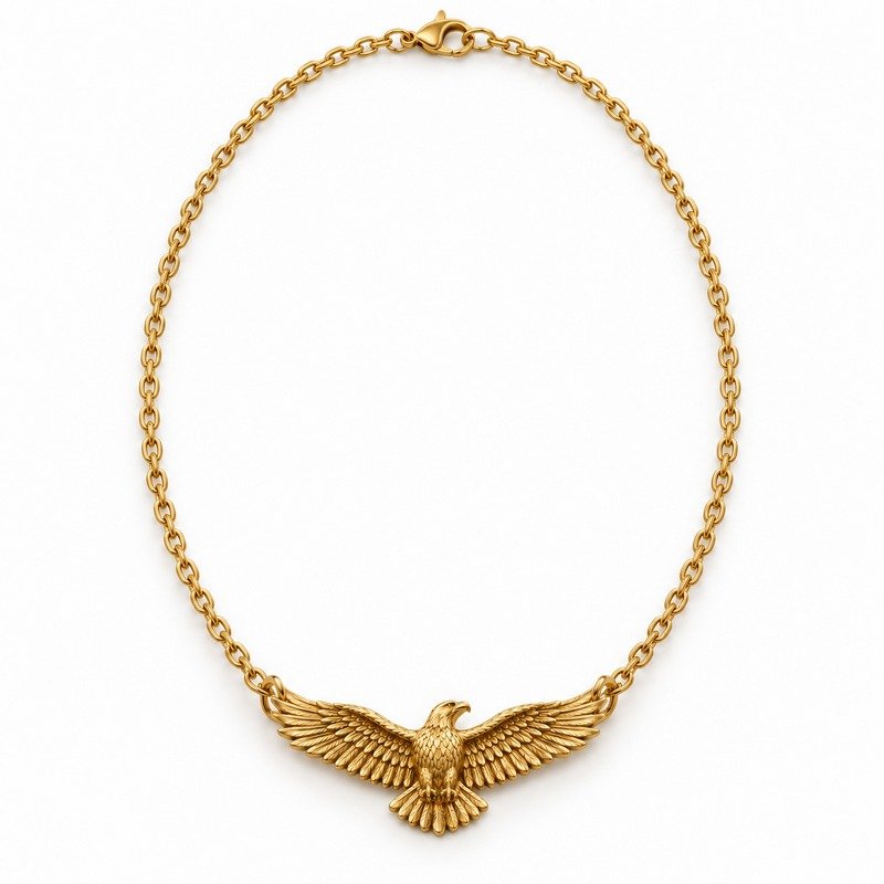 mens gold Stainless Steel eagle pendant necklace, front view on white