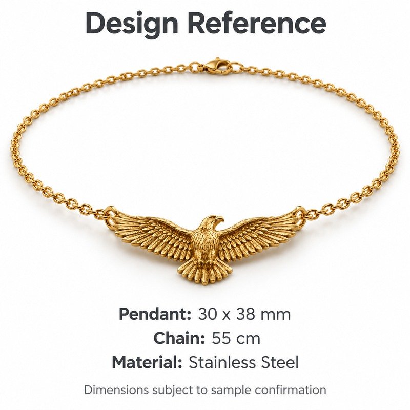 mens gold Stainless Steel eagle pendant necklace, design reference dimensions and material specifications