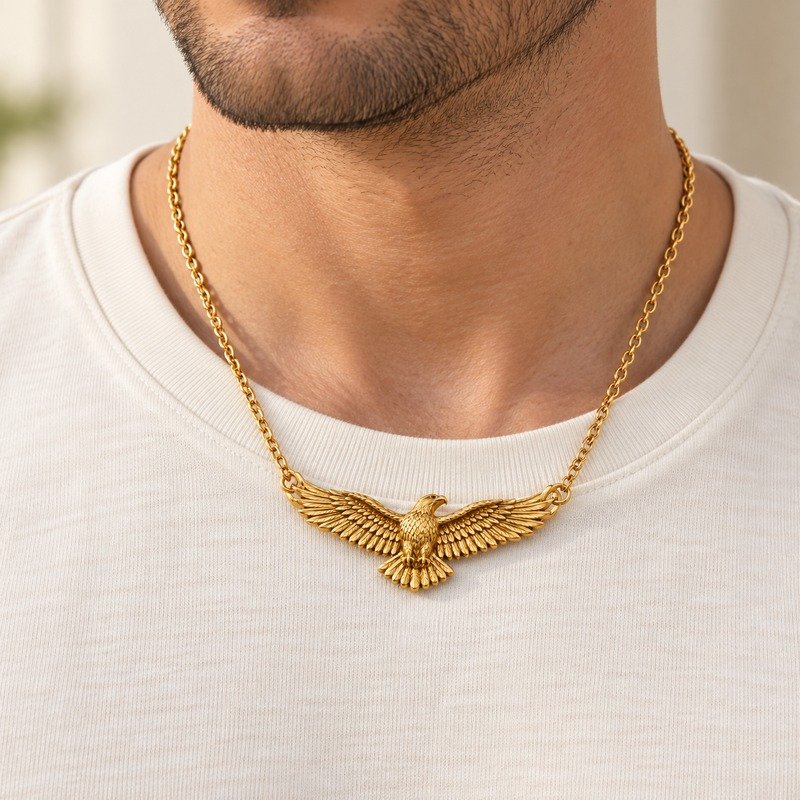 mens gold Stainless Steel eagle pendant necklace, worn by an adult model